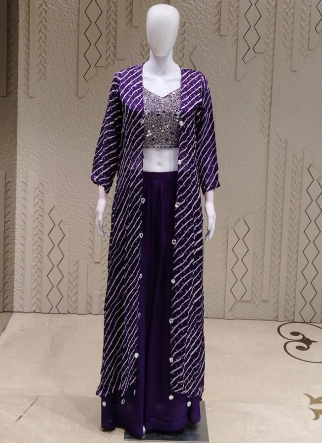 Chiffon Silk Purple Party Wear Mirror Work Readymade Blazer Suit